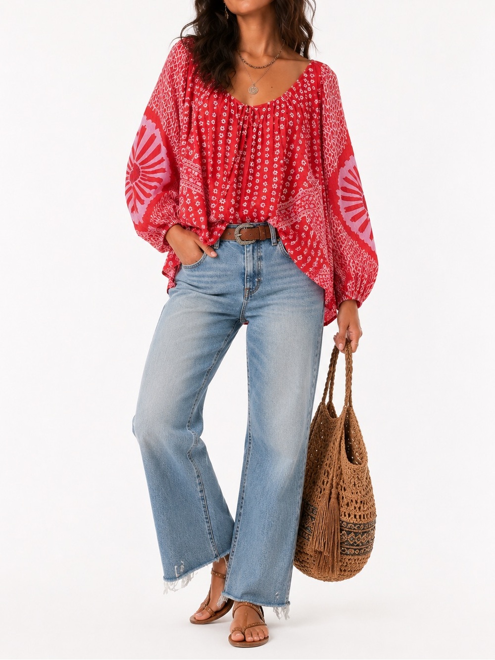 FREE PEOPLE Boho Floral Printed Flowy Blouse - Size XS - Red Combo - NWT - Picture 2 of 16